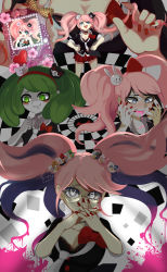 Rule 34 | 6+girls, alternate costume, artist name, bear hair ornament, blonde hair, blood, blood from mouth, blood on face, blood splatter, blue eyes, blue hair, blush, bow, breasts, checkered background, cleavage, closed mouth, collared shirt, cosplay, danganronpa: trigger happy havoc, danganronpa (series), danganronpa 2: goodbye despair, danganronpa 3 (anime), danganronpa another episode: ultra despair girls, danganronpa v3: killing harmony, dying, enoshima junko, enoshima junko (cosplay), fingernails, freckles, glasses, green eyes, grey eyes, hair bow, hair ornament, hairband, hands up, headband, highres, ikusaba mukuro, krispy-cannoli, long hair, matching hair/eyes, monodam, monokid, monophanie, monotaro (danganronpa), multicolored hair, multiple girls, nail polish, necktie, official alternate costume, open mouth, palms, pink blood, plaid, plaid skirt, pleated skirt, rabbit hair ornament, red bow, red hairband, red headband, red headwear, red nails, red skirt, shirogane tsumugi, shirt, signature, skirt, towa monaca, twintails, upper body, white necktie, wig