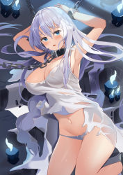 Rule 34 | 1girl, absurdres, armpits, arms up, avrora (azur lane), avrora (shackled saule) (azur lane), azur lane, bare arms, bare shoulders, blue eyes, braid, breasts, candle, chain, chain leash, cleavage, collarbone, covered erect nipples, dress, frown, groin, highres, large breasts, leash, long hair, looking at viewer, lying, navel, no bra, no panties, on back, parted lips, restrained, silver hair, sleeveless, sleeveless dress, solo, stomach, thighs, togo (korlsj1235), torn clothes, torn dress, white dress