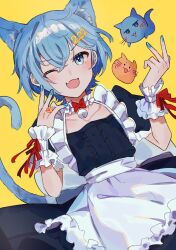 Rule 34 | 1boy, animal ears, apron, bell, blob (google), blue eyes, blue hair, blue tail, bow, bowtie, cat boy, cat day, cat tail, collarbone, fang, flat chest, frilled apron, frilled wrist cuffs, frills, ha ru ta 38, highres, looking at viewer, maid, maid apron, male focus, misskey.io, murakami-san (misskey.io), neck bell, number hair ornament, one eye closed, open mouth, puffy short sleeves, puffy sleeves, red bow, red bowtie, red ribbon, ribbon, short sleeves, simple background, skin fang, smile, solo, tail, trap, wrist cuffs, yellow background