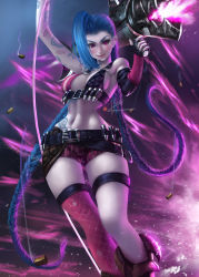 Rule 34 | 1girl, absurdres, ankle boots, bandaid, bandaid on knee, bandaid on leg, bikini, bikini top only, blue hair, boots, braid, breasts, bullet, fingerless gloves, gloves, highres, hlulani, jinx (league of legends), league of legends, lips, long hair, micro shorts, pink eyes, purple thighhighs, shorts, single thighhigh, small breasts, solo, swimsuit, tattoo, thigh strap, thighhighs, twin braids, very long hair
