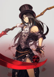 Rule 34 | 1boy, androgynous, ascot, asymmetrical gloves, bare shoulders, black gloves, black hair, blood, blood splatter, bloody weapon, boots, full body, gloves, guilty gear, guilty gear strive, hat, highres, holding, holding scythe, holding weapon, long hair, looking at viewer, off shoulder, online neet, red eyes, scythe, simple background, solo, spot color, testament (guilty gear), top hat, trap, very long hair, weapon, white background, white gloves