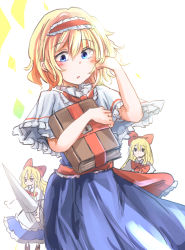 Rule 34 | 1girl, alice margatroid, blue eyes, book, bow, capelet, doll, dress, hair bow, lance, looking at viewer, necktie, polearm, shanghai doll, short hair, tigern, touhou, weapon