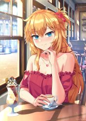 Rule 34 | akai haato, aqua eyes, bare shoulders, blonde hair, blush, cafe, choker, coffee, cup, food, hair between eyes, hair ornament, hairclip, highres, hololive, ice cream, indoors, jewelry, light smile, long hair, looking at viewer, off-shoulder shirt, off shoulder, pendant, plate, ruby suguri, shirt, signature, sitting, solo, spoon, sunlight, sweets, teacup, upper body, virtual youtuber