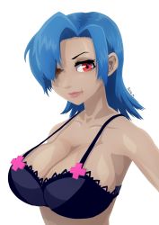 Rule 34 | + +, 1girl, absurdres, blue hair, bra, breasts, collarbone, hair down, highres, large breasts, pata n, red eyes, scar, scar across eye, scar on face, scar on mouth, skullgirls, solo, underwear, upper body, valentine (skullgirls), white background