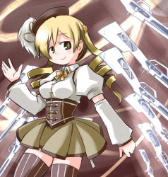 Rule 34 | 10s, 1girl, beret, blonde hair, breasts, brown background, brown dress, brown theme, detached sleeves, dress, drill hair, gloves, gun, hair ornament, hairpin, hat, kugelschreiber, long hair, magical girl, magical musket, mahou shoujo madoka magica, mahou shoujo madoka magica (anime), pleated skirt, puffy sleeves, ribbon, rifle, skirt, smile, solo, striped clothes, striped thighhighs, thighhighs, tomoe mami, twintails, vertical-striped clothes, vertical-striped thighhighs, weapon, yellow eyes, zettai ryouiki