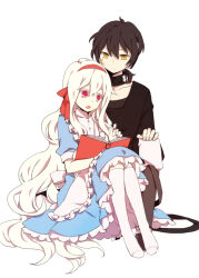Rule 34 | 1boy, 1girl, albino, apron, arrow (symbol), black hair, black shirt, blue dress, book, bookcage, buttons, center frills, closed mouth, collared shirt, colored eyelashes, commentary, dark konoha, dress, facial mark, fingernails, frilled dress, frills, full body, grey pants, hair between eyes, hair ribbon, hairband, holding, holding book, kagerou project, konoha (kagerou project), kozakura marry, long hair, looking at object, looking away, open book, open mouth, pale skin, pants, pink eyes, red hairband, red ribbon, ribbon, shirt, short hair, short ponytail, short sleeves, simple background, sitting, sleeve cuffs, socks, two-tone dress, very long hair, wavy hair, white apron, white background, white dress, white hair, white socks, yellow eyes
