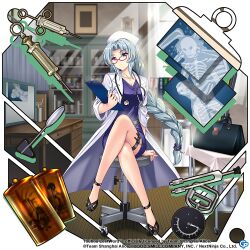 Rule 34 | 1girl, alternate costume, bag, blue dress, blurry, blurry background, breasts, brown eyes, cleavage, closed mouth, commentary, copyright name, copyright notice, crossed legs, dress, english commentary, full body, game cg, grey hair, hat, indoors, jewelry, lab coat, legs, light rays, long hair, looking at viewer, medium breasts, nurse, nurse cap, pendant, rabbit, red-framed eyewear, reisen udongein inaba, rotte (1109), sitting, solo, spoon, stethoscope, syringe, thigh strap, third-party source, touhou, touhou lostword, very long hair, white hat, x-ray, yagokoro eirin, yagokoro eirin (genius doctor in the bamboo forest)