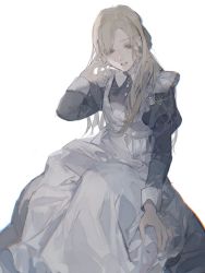 Rule 34 | 1girl, blonde hair, dress, green eyes, hand in own hair, hand on leg, long dress, long hair, looking at viewer, looking down, maid, maid headdress, open mouth, original, puffy sleeves, rd chet, sidelocks, simple background, sitting, solo, white background