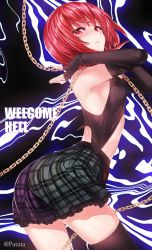 Rule 34 | 1girl, bad id, bad pixiv id, bare shoulders, black gloves, black thighhighs, breasts, chain, elbow gloves, fingerless gloves, gloves, hecatia lapislazuli, legacy of lunatic kingdom, looking at viewer, no headwear, no headwear, patata, plaid, plaid skirt, red eyes, red hair, short hair, sideboob, skirt, small breasts, solo, thighhighs, touhou