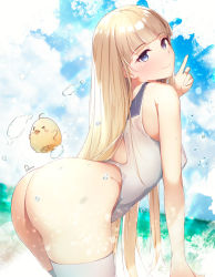 Rule 34 | 1girl, ahoge, ass, azur lane, bird, blonde hair, blue eyes, blush, blush stickers, breasts, closed mouth, commentary request, competition swimsuit, covered erect nipples, day, dermar, head tilt, highres, icarus (azur lane), icarus (nereid&#039;s discovery) (azur lane), long hair, manjuu (azur lane), medium breasts, ocean, one-piece swimsuit, one eye closed, outdoors, smile, solo, swimsuit, thighhighs, water, water drop, wet, white one-piece swimsuit, white thighhighs