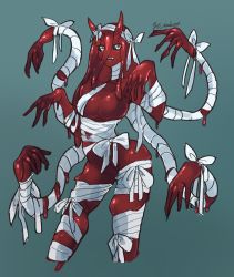 Rule 34 | 1girl, :d, bandages, black sclera, colored sclera, colored skin, cropped legs, cross-shaped pupils, extra arms, green background, hands up, highres, horns, long hair, looking at viewer, monster girl, open mouth, original, red hair, red skin, ruteko (ruko220), simple background, slime girl, smile, solo, standing, symbol-shaped pupils, tentacles, twitter username, white eyes