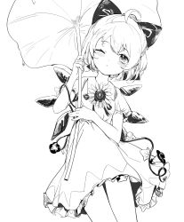 Rule 34 | 1girl, absurdres, ahoge, blush, bow, cirno, closed mouth, collared shirt, detached wings, dress, fairy, flower, greyscale, hair between eyes, hair bow, highres, holding, holding leaf, ice, ice wings, leaf, leaf umbrella, monochrome, morning glory, one eye closed, puffy short sleeves, puffy sleeves, shirt, short hair, short sleeves, simple background, siyumu, solo, sunflower, tanned cirno, touhou, white background, wings