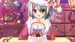 Rule 34 | 1girl, :d, absurdres, bad id, bad pixiv id, bare shoulders, blush, cake, chest jewel, christmas tree, curtains, female focus, food, green eyes, green hair, hat, heart, highres, komeiji koishi, looking at viewer, matching hair/eyes, merry christmas, nironiro, open mouth, santa hat, short hair, smile, solo, star (symbol), third eye, touhou