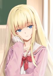 Rule 34 | 1girl, bitterpain, blonde hair, blue eyes, blunt bangs, bow, cardigan, classroom, collarbone, hand on own cheek, hand on own face, highres, indoors, long hair, long sleeves, looking at viewer, neck ribbon, original, pink cardigan, red bow, ribbon, sailor collar, school uniform, shirt, solo, uniform