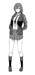 Rule 34 | 1girl, breasts, commentary request, frown, full body, greyscale, hands in pockets, highres, jacket, kneehighs, large breasts, loafers, miniskirt, monochrome, necktie, open clothes, open jacket, original, pleated skirt, shoes, skirt, socks, solo, takaman (gaffe), track jacket