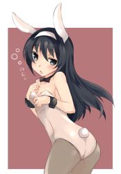 Rule 34 | 10s, 1girl, abenattou, animal ears, bad id, bad pixiv id, black eyes, black hair, blush, cowboy shot, detached collar, fake animal ears, from behind, girls und panzer, leotard, long hair, looking at viewer, looking back, pantyhose, parted lips, pink background, playboy bunny, rabbit ears, rabbit tail, reizei mako, solo, standing, tail, wrist cuffs