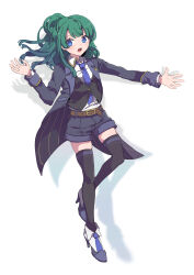 Rule 34 | 1girl, :o, absurdres, belt, black jacket, black shorts, black thighhighs, black vest, blue eyes, blue necktie, brown belt, collared shirt, commentary request, cosplay, drop shadow, full body, green hair, hand up, high heels, high ponytail, highres, jacket, long hair, long sleeves, minami mirei, minami mirei (cosplay), necktie, nojima minami, open clothes, open jacket, open mouth, outstretched arm, pretty series, pripara, shirt, shorts, solo, standing, thighhighs, tsukikawa chili, vest, white background, white shirt
