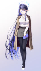 Rule 34 | 1girl, absurdres, aran sweater, bag, black pantyhose, blue archive, blue eyes, breasts, cable knit, coat, coat on shoulders, earrings, full body, glasses, grey skirt, halo, hand on own arm, handbag, highres, holding, jewelry, large breasts, long hair, long sleeves, looking at viewer, midorino eni, miniskirt, pantyhose, pointy ears, purple hair, rin (blue archive), semi-rimless eyewear, shoes, skirt, sleeves past wrists, smile, solo, standing, sweater, toggles, turtleneck, turtleneck sweater, under-rim eyewear, very long hair, white background, white footwear, white sweater