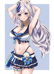 Rule 34 | 1girl, absurdres, aidoruhakase, armpits, arms up, bikini, blue bikini, blue eyes, blue nails, blue skirt, breasts, cleavage, earrings, feather hair ornament, feathers, gold earrings, grey hair, hair ornament, high-waist bikini, highres, hololive, hololive indonesia, hololive summer 2022 swimsuit, jewelry, large breasts, long hair, looking at viewer, nail polish, navel, pavolia reine, ponytail, single earring, skirt, smile, solo, striped bikini, striped clothes, swimsuit, thigh strap, virtual youtuber