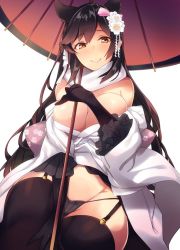 Rule 34 | 1girl, animal ears, atago (azur lane), atago (hallmarks of winter) (azur lane), azur lane, bare shoulders, between legs, black gloves, black hair, black panties, black thighhighs, blush, breasts, brown eyes, cleavage, closed mouth, flower, frilled sleeves, frills, garter straps, gloves, hair flower, hair ornament, hand between legs, japanese clothes, kimono, large breasts, long hair, looking at viewer, oil-paper umbrella, open clothes, open kimono, panties, shimakaze (soundz of bell), simple background, sitting, smile, solo, thighhighs, umbrella, underwear, very long hair, white background, white kimono