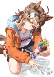 Rule 34 | 1girl, :t, ahoge, animal ears, black footwear, black shorts, blush, brown hair, closed mouth, food, food on face, hair ornament, hairclip, head tilt, highres, holding, holding spoon, hood, hood down, hooded jacket, horse ears, horse girl, horse tail, ice cream, ice cream spoon, jacket, jewelry, jungle pocket (umamusume), kagami (haret46), looking at viewer, medium hair, necklace, open clothes, open jacket, orange jacket, shirt, shoes, shorts, sign, sneakers, solo, sparkle, spoon, squatting, sundae, tail, tank top, umamusume, white shirt, yellow eyes