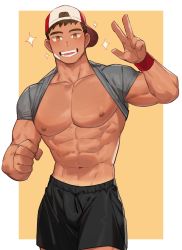 Rule 34 | 1boy, abs, artist request, backwards hat, bad id, bad twitter id, bara, bare pectorals, baseball cap, black shorts, bulge, check artist, clothes lift, commission, dark-skinned male, dark skin, feet out of frame, grey shirt, grin, hao (haozz), hat, highres, korean commentary, large pectorals, male focus, muscular, muscular male, navel, nipples, original, pectorals, second-party source, shirt, shirt behind neck, shirt lift, short hair, shorts, smile, solo, sparkle, stomach, tan, tanline, v