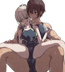 Rule 34 | 2girls, blonde hair, blue eyes, breasts, brown hair, carrying, carrying person, competition school swimsuit, dark-skinned female, dark skin, gym uniform, hands on another&#039;s thighs, height difference, highres, kei (m k), large breasts, long hair, m k, multiple girls, original, ponytail, red eyes, rika (m k), school swimsuit, short hair, simple background, size difference, sweat, swimsuit, tall, tall female, tan, tomboy, yuri