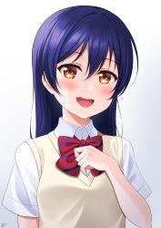Rule 34 | 1girl, absurdres, blue hair, blush, bow, bowtie, commentary request, dress shirt, hand on own chest, haruharo (haruharo 7315), highres, long hair, looking at viewer, love live!, love live! school idol project, open mouth, otonokizaka school uniform, red bow, red bowtie, school uniform, shirt, short sleeves, simple background, smile, solo, sonoda umi, striped bow, striped bowtie, striped clothes, swept bangs, white shirt, yellow eyes