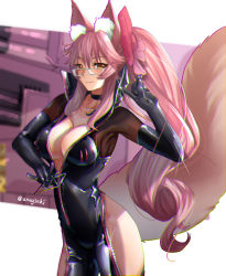 Rule 34 | 1girl, animal ear fluff, animal ears, aona (anagasaki), black bodysuit, blush, bodysuit, bow, breasts, center opening, choker, cleavage, fate/grand order, fate (series), fox ears, fox girl, fox tail, glasses, hair between eyes, hair bow, highres, hip vent, koyanskaya (assassin) (first ascension) (fate), koyanskaya (fate), large breasts, long hair, looking at viewer, pink bow, pink hair, ponytail, sidelocks, solo, tail, tamamo (fate), thighs, yellow eyes
