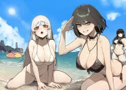 3girls :o bare_arms bare_shoulders bikini black_bikini black_choker black_hair blunt_bangs blush breasts choker cleavage collarbone commentary embarrassed english_commentary feet_out_of_frame front-tie_bikini_top front-tie_top green_eyes grin highres jewelry large_breasts leaning_forward light_blush long_hair looking_at_viewer mole mole_on_breast multiple_girls navel necklace original rusellunt shading_eyes short_hair side-tie_bikini_bottom simple_background sitting smile solo string_bikini sweat swimsuit water_drop wet white_background white_hair