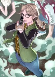 Rule 34 | 5tatsu, aiming, aiming at viewer, belt buckle, black footwear, black sleeves, blonde hair, blue pants, boots, braid, breasts, brown eyes, buckle, collared shirt, cowboy shot, denim, foot out of frame, from above, glasses, green vest, gun, hand in own hair, highres, holding, holding gun, holding weapon, jacket, jeans, long hair, long sleeves, medium breasts, on one knee, open mouth, pants, parted bangs, plaid, plaid shirt, red jacket, resident evil, resident evil: resistance, shirt, signature, single braid, smile, smoke, solo focus, valerie harmon, vest, weapon, white sleeves