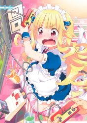Rule 34 | 1boy, 1girl, apron, arms up, bendy straw, blonde hair, blue dress, blush, checkered floor, child, controller, cup, cushion, dress, drink, drinking glass, drinking straw, fang, frilled apron, frilled dress, frills, game console, game controller, highres, hiro hiroki, holding, indoors, long hair, looking away, maid, maid apron, maid headdress, no shoes, open mouth, original, out of frame, print legwear, puffy short sleeves, puffy sleeves, red eyes, short sleeves, socks, solo focus, spilling, tears, v-shaped eyebrows, very long hair, wavy mouth, white apron, yellow legwear, zabuton
