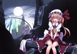 Rule 34 | 1girl, ascot, blonde hair, blush, closed eyes, cloud, cloudy sky, flandre scarlet, full moon, hat, hat ribbon, mob cap, moon, open mouth, puffy sleeves, rain, ribbon, ruins, scarlet devil mansion, shirt, short sleeves, side ponytail, sitting, skirt, skirt set, sky, smile, solo, touhou, ugume, v arms, vest, wings