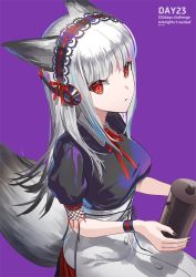 Rule 34 | 1girl, animal ears, apron, arknights, black nails, black shirt, blouse, breasts, character name, coffee pot, collared shirt, fox ears, fox girl, fox tail, from side, frostleaf (arknights), grey hair, hair ribbon, headdress, headphones, highres, holding, holding pot, long hair, looking at viewer, makkuro, nail polish, neck ribbon, official alternate costume, pot, puffy short sleeves, puffy sleeves, purple background, red ribbon, ribbon, shadow, shirt, short sleeves, sidelocks, simple background, sitting, solo, tail, waist apron, wristband