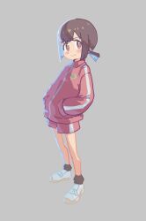 Rule 34 | 1girl, bare legs, blue hair, brown eyes, brown hair, commentary, full body, grey background, gustavo schuler, hands in pockets, highres, hozuki momiji, jacket, light blush, long sleeves, looking at viewer, multicolored hair, onii-chan wa oshimai!, red jacket, red shorts, short hair, short ponytail, short shorts, shorts, simple background, smile, solo, standing, track jacket, two-tone hair