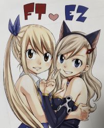 Rule 34 | 2girls, animal ears, asymmetrical docking, bare shoulders, black hairband, black sleeves, blonde hair, blue bow, blue eyes, blue shirt, bow, breast press, breasts, cat ears, choker, cleavage, collar, copyright name, creator connection, detached sleeves, earrings, eden&#039;s zero, fairy tail, fake animal ears, from side, grey background, grin, hair between eyes, hair bow, hair ornament, hairband, hairclip, heart, highres, jewelry, long hair, long sleeves, looking at viewer, lucy heartfilia, mashima hiro, medium breasts, multiple girls, official art, parted lips, ponytail, rebecca bluegarden, shirt, sketch, sleeveless, sleeveless shirt, smile, swept bangs, symmetrical docking, tattoo, teeth, upper body, v