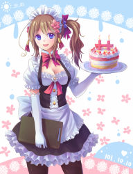 Rule 34 | 1girl, :d, black pantyhose, blue hair, blush, breasts, brown hair, cake, candle, cleavage, clipboard, elbow gloves, food, gloves, heart, holding, long hair, looking at viewer, maid headdress, open mouth, original, pantyhose, side ponytail, smile, solo, suikakitsu shiro, tray, waitress, xia you qing