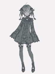 Rule 34 | 1girl, bad id, bad twitter id, braid, dress, full body, greyscale, hair ribbon, highres, long sleeves, looking at viewer, maruchi, monochrome, original, ribbon, short hair, solo, thighhighs, white background, wide sleeves