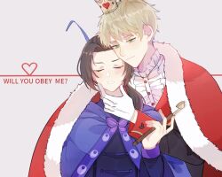 1191852629 2boys axis_powers_hetalia black_hair black_jacket blonde_hair blue_cape blush butterfly_ornament buttons cape china_(hetalia) chinese_commentary closed_eyes closed_mouth crown english_text frills fur-trimmed_cape fur_trim green_eyes hand_on_another&#039;s_face hand_up heart heart_print holding holding_smoking_pipe jacket king lapels long_hair long_sleeves looking_at_another male_focus mini_crown multiple_boys ponytail red_cape shirt short_hair smile smoking_pipe teeth united_kingdom_(hetalia) white_shirt yaoi