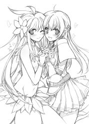 Rule 34 | 2girls, akisoba, blush, character request, cheek-to-cheek, flower, greyscale, hair flower, hair ornament, heads together, highres, holding hands, interlocked fingers, long hair, monochrome, multiple girls, one eye closed, pinguicula, ragnarok online, simple background, skirt, smile, white background, wink