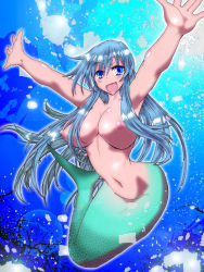 Rule 34 | 1girl, armpits, arms up, blue eyes, blue hair, breasts, female focus, fins, fish tail, happy, huge breasts, long hair, matching hair/eyes, mermaid, monster girl, muntaro, navel, nipples, open mouth, original, solo, tail, topless, underwater, water