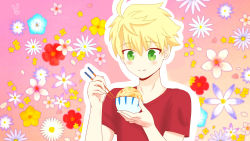 Rule 34 | 1boy, aki usagi, arthur pendragon (fate), blonde hair, bowl, chopsticks, eating, emiya-san chi no kyou no gohan, fate/prototype, fate (series), floral background, green eyes, highres, male focus, outline, parody, pink background, red shirt, rice bowl, shirt, solo, t-shirt, upper body, white outline