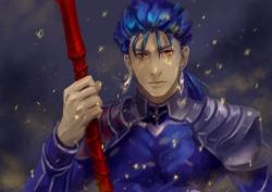 Rule 34 | 1boy, blue hair, clenched hand, cu chulainn (fate), earrings, expressionless, fate/stay night, fate (series), gae bolg (fate), holding, holding spear, holding weapon, jewelry, cu chulainn (fate/stay night), male focus, polearm, red eyes, simoich, solo, sparks, spear, veins, weapon