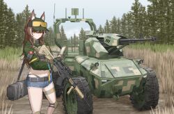 Rule 34 | 1girl, absurdres, animal ears, armored vehicle, assault rifle, autocannon, blue shorts, brown hair, camouflage, canadian army, canadian flag, cannon, cheogtanbyeong, colt canada c7, crop top, denim, denim shorts, digital camouflage, dune buggy, fox ears, fox girl, green jacket, gun, highres, jacket, original, rifle, shorts, smile, solo, stomach, thighs, vehicle request, weapon, yellow eyes