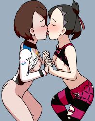 Rule 34 | 2girls, absurdres, ass, bare shoulders, black hair, bottomless, breasts, brown hair, closed eyes, creatures (company), french kiss, game freak, gloria (pokemon), gym challenge uniform, highres, holding hands, kiss, legs, marnie (pokemon), midriff, misaeldm, multiple girls, nintendo, open mouth, pokemon, pokemon swsh, short hair, small breasts, third-party edit, tongue, tongue out, twintails, undercut