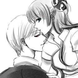 Rule 34 | 1boy, 1girl, :d, bad id, bad pixiv id, blue eyes, collared shirt, gintama, hair ornament, hairpin, kagura (gintama), long hair, okita sougo, open mouth, parted lips, profile, red eyes, shirt, short sleeves, simple background, smile, upper body, white background