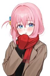 Rule 34 | 1girl, alpha beast, aqua eyes, blue eyes, blush, bocchi the rock!, brown coat, brown jacket, coat, cube hair ornament, enpera, fringe trim, gloves, gotoh hitori, hair between eyes, hair bun, hair ornament, highres, jacket, long hair, long sleeves, looking at viewer, mittens, one side up, open clothes, open coat, open mouth, pink hair, red gloves, red mittens, red scarf, scarf, simple background, single side bun, solo, upper body, white background