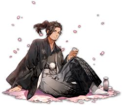 Rule 34 | 1boy, alcohol, artist request, beard, bottle, brown hair, cherry blossoms, choko (cup), cup, facial hair, game cg, green eyes, japanese clothes, mahjong soul, mature male, official art, petals, ponytail, sake, sake bottle, scar, scar on face, scar on forehead, simple background, sitting, solo, transparent background, tsukimi zan, yostar