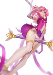 Rule 34 | 1girl, alternate costume, alternate hair color, alternate hairstyle, boots, choker, elbow gloves, female focus, gloves, high heel boots, high heels, highres, league of legends, lipstick, lux (league of legends), magical girl, makeup, pink hair, pleated skirt, purple skirt, ribbon, skirt, solo, star guardian (league of legends), star guardian lux, thighhighs, tiara, twintails, white gloves
