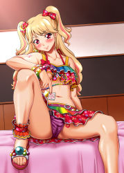 Rule 34 | 10s, 1girl, aikatsu!, aikatsu! (series), ankle cuffs, arm rest, bangle, beads, bed sheet, blonde hair, blush, bow, bracelet, breasts, cameltoe, collarbone, condom, crescent, crescent hair ornament, crop top, crop top overhang, earrings, eyelashes, feet, hair bow, hair ornament, hair ribbon, half updo, happy, head tilt, highres, holding, holding condom, jewelry, kijinaka mahiro, leg up, long hair, looking at viewer, midriff, miniskirt, multicolored hair, natsuki mikuru, navel, panties, pantyshot, pink hair, purple panties, red eyes, revision, ribbon, sandals, shiny skin, shoes, sitting, skirt, slippers, small breasts, smile, solo, streaked hair, tattoo, toenails, toes, two side up, underboob, underwear, wet, wet clothes, wet panties
